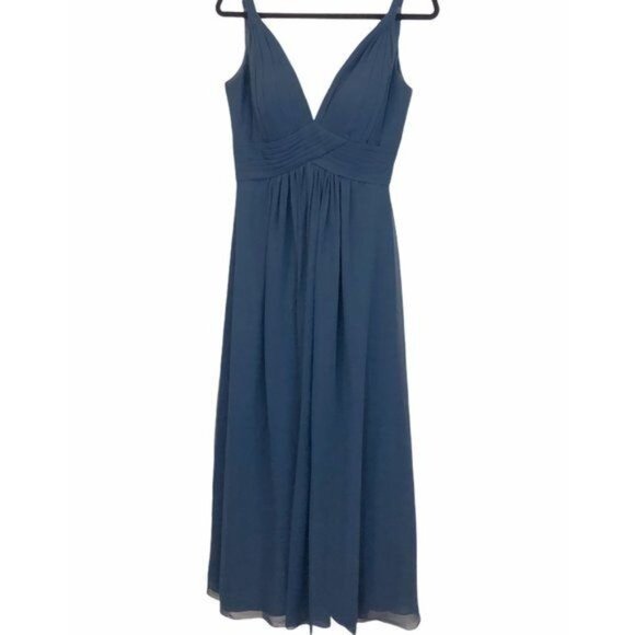 Azazie Stormy A-Line Pleated Chiffon Dress Gown Blue Custom Size See Measurement - Picture 4 of 12